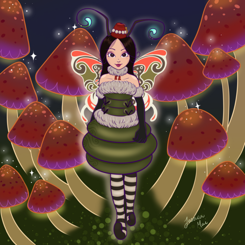 In the Fungiferous Forest, wearing a dress that looks like the Caterpillar