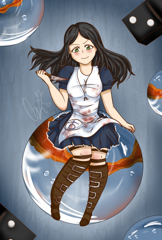 Alice's Classic dress, with weapon, sitting on a marble